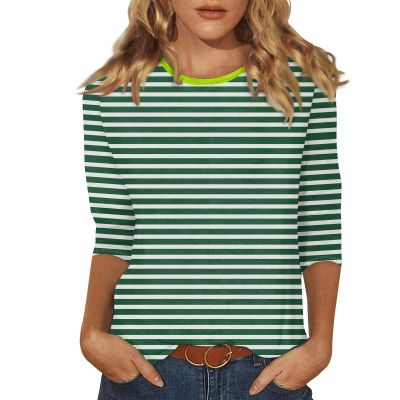 3/4 Sleeve Tops for Women Crewneck Striped Casual Tshirts Shirts Trendy Three Quarter Sleeve Tunic Tops with Leggings Summer Blouses Office Business Clothes 3/4 Sleeve Shirts for Women 2025 Green