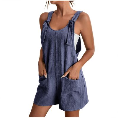 KICILVS Womens Rompers for Summer Casual Sleeveless Suspender Short Jumpsuit Boho Solid Color Overalls with Pockets