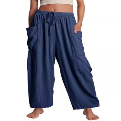 Flygo Women's Wide Leg Pants Summer Casual Loose Fit Beach Palazzo Harem Pants with Pockets(NavyBlue-XXL)