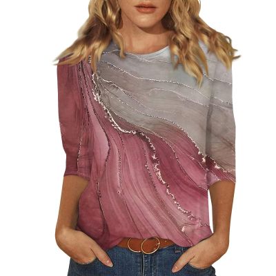Womens 3/4 Sleeve Tops Printed Crew Neck Tshirts Dressy Casual Floral Blouses Summer Ethnic Three Quarter Sleeve Comfy Country Tunic Tops to Wear with Leggings 3/4 Sleeve Shirts for Women 2025