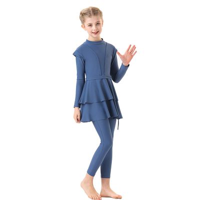 3PCS Muslim Swimsuits for Girls: Toddler Islamic Modest Burkini Swimwear Long Sleeve Crew Neck Rash Guard Full Cover Hijab Top Pants Swimming Costume Summer Bathing Suit Blue 9-10 Years