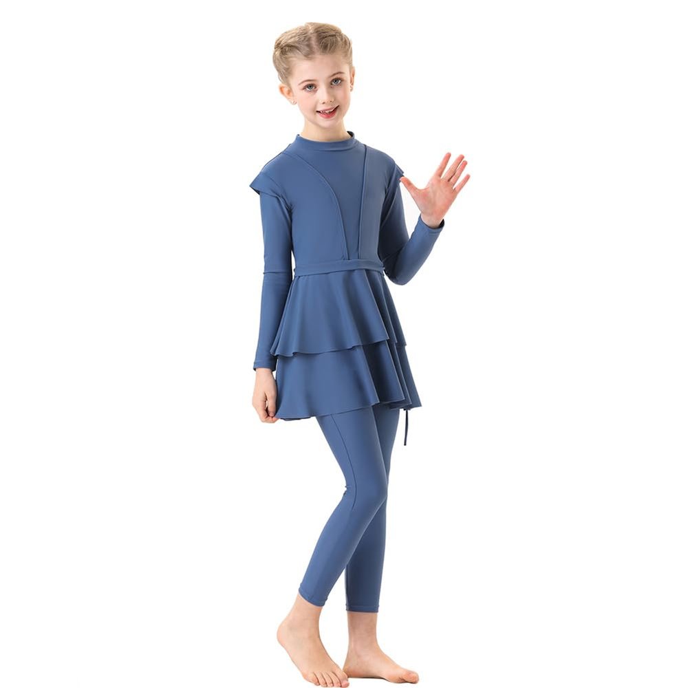 3PCS Muslim Swimsuits for Girls: Toddler Islamic Modest Burkini Swimwear Long Sleeve Crew Neck Rash Guard Full Cover Hijab Top Pants Swimming Costume Summer Bathing Suit Blue 9-10 Years