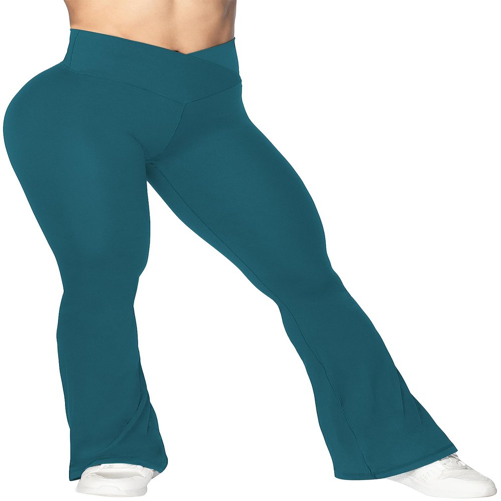 Sunzel Flare Leggings, Crossover Yoga Pants with Tummy Control, High-Waisted and Wide Leg, 32" Inseam, Deep Teal Medium