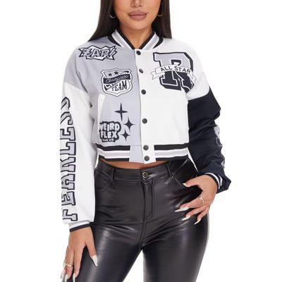 jeecoin Women's Varsity Jacket Cropped Colorblock Letter Print Baseball Bomber Jackets Vintage Streetwear Fashion Coats