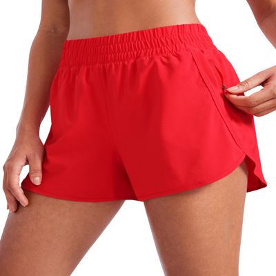 CRZ YOGA Womens High Waisted Running Shorts Mesh Liner 3'' Dolphin Quick Dry for Athletic Gym Track Workout with Zip Pocket Deep Red Large