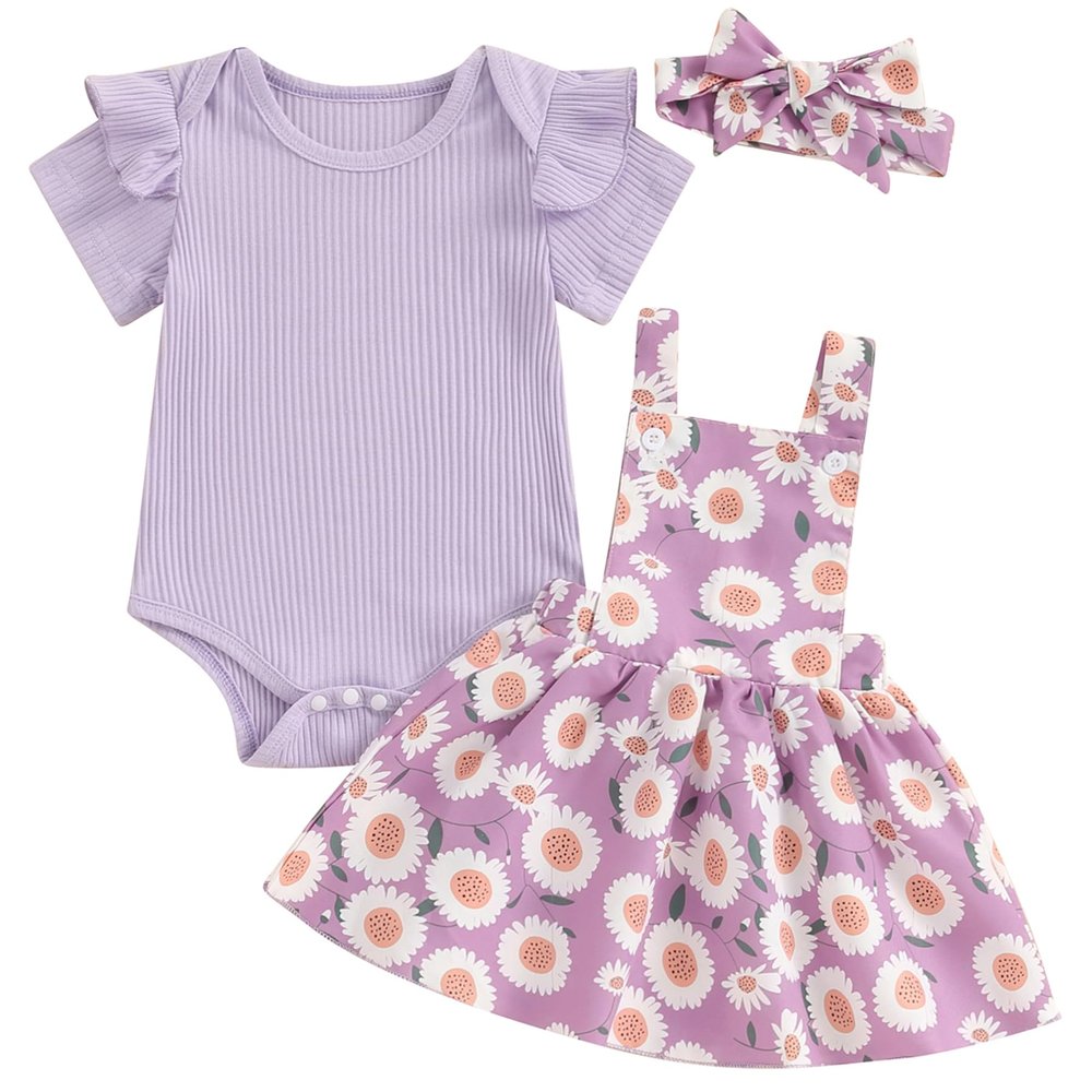 Mubineo Baby Girl Clothes Summer Cute Skirt Outfits Short Sleeve Romper Floral Overall Skirt Dress Infant Newborn Outfit (Purple Daisy, 3-6 Months)