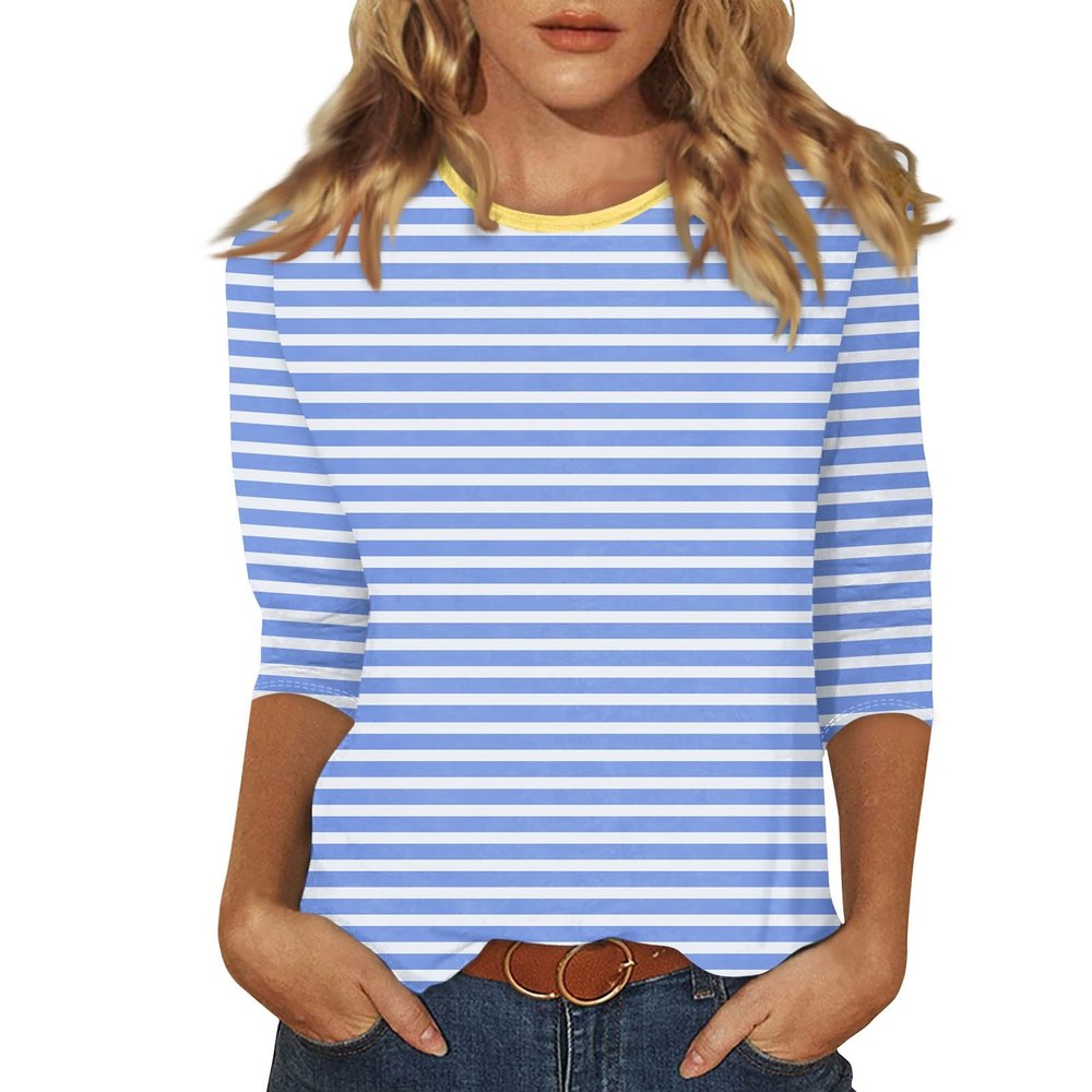 3/4 Length Sleeve Womens Tops Striped Crewneck Tshirts Dressy Casual Three Quarter Length Sleeve Long Tunic Tops with Leggings Fashion Elegant Spring Blouses Womens Tops 3/4 Sleeve 2025 Light Blue