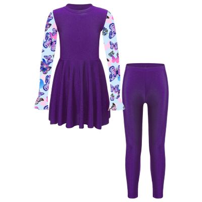 Miaeowve Kids Girls Floral 2 Pcs Modest Swimsuit Long Sleeve Swimdress with Leggings Burkini Sets Purple 12 Years