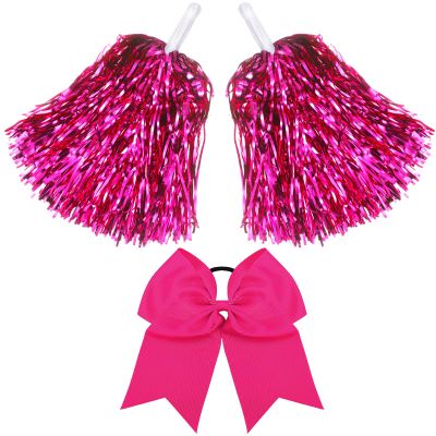 Hanaive 3 Pcs Cheerleading Pom Pom and Large Hair Bow,Rose Red,Classic