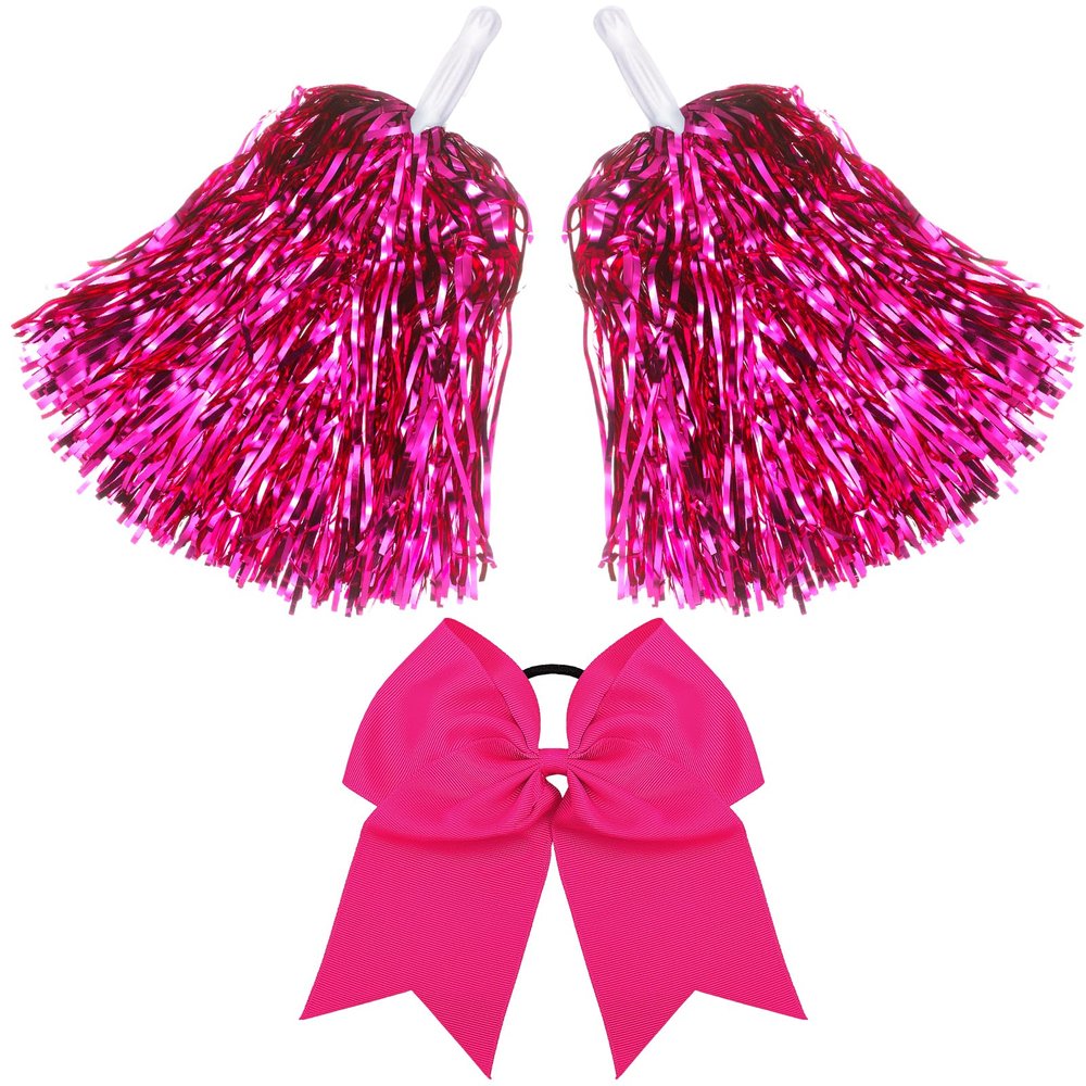 Hanaive 3 Pcs Cheerleading Pom Pom and Large Hair Bow,Rose Red,Classic