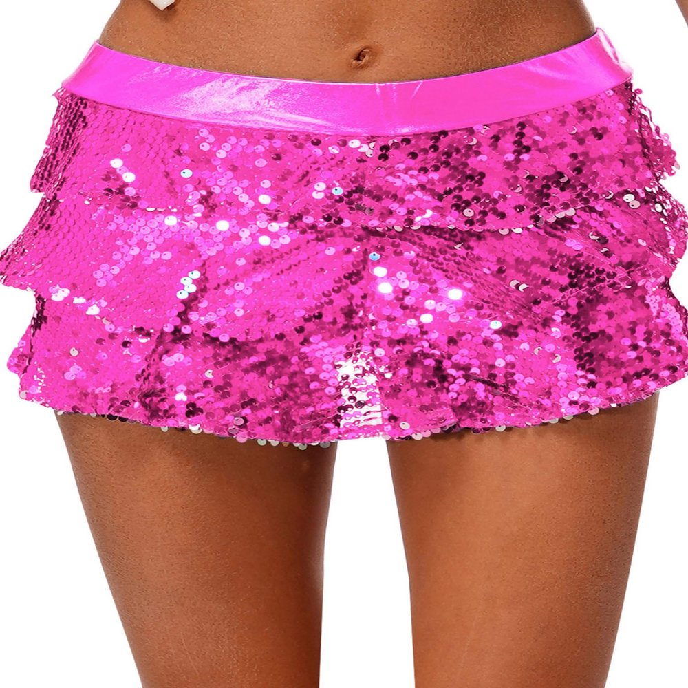 Lejafay Women Shiny Sequin Mini Skirts High Waist Ruffle Hem Dance Flared Short Skirts with Shorts Hot Pink One Size