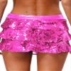 Lejafay Women Shiny Sequin Mini Skirts High Waist Ruffle Hem Dance Flared Short Skirts with Shorts Hot Pink One Size view 2