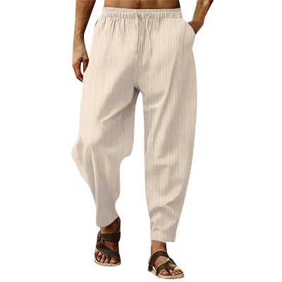 RTTUIOP Men's Cotton Linen Pants Solid Color Harem Pants Casual Capri Pant Lightweight Loose 3/4 Shorts Drawstring Elastic Waist Beach Yoga Trousers Summer Pant