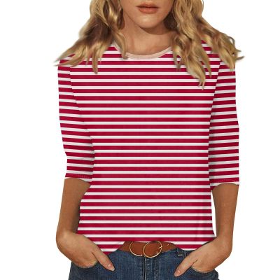 3/4 Sleeve Tops for Women Round Neck Striped T Shirts Casual Cute Ethnic Three Quarter Sleeve Summer Blouses Comfy Country Tunic Tops to Wear with Leggings Womens 3/4 Sleeve T Shirts 2025 Red