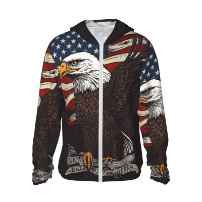 Dwrepo UPF 50+ USA Patriotic Eagle with American Flag Print Sun Protection Hoodie Jacket Full Zip Long Sleeve Sun Shirt, Medium, Black