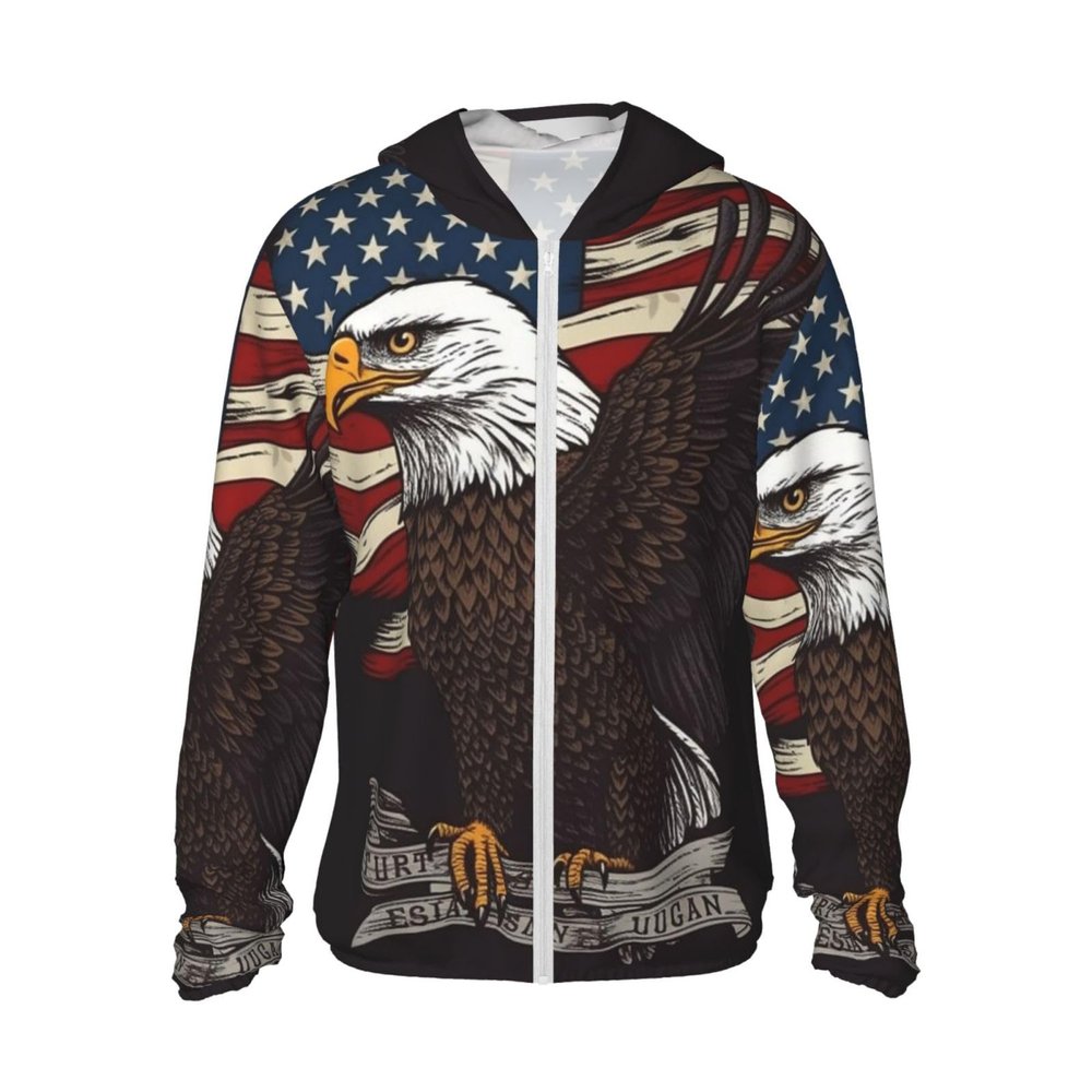 Dwrepo UPF 50+ USA Patriotic Eagle with American Flag Print Sun Protection Hoodie Jacket Full Zip Long Sleeve Sun Shirt, Medium, Black