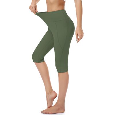 RIMLESS 7 Women's Capri Leggings with Pockets Knee Yoga Capri Pants for Workout P26-Army Green-XXL