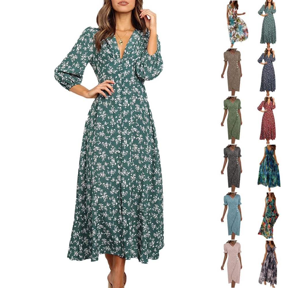 NineFit Basics Beach Dresses for Women,2024 Summer Trendy Floral Boho Dress,Elegant V Neck Long Sleeve Maxi Dress,Romantic Flowy Ruched Hawaiian Dress Cruise Resort Outfits(C-Green,XL), X-Large