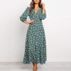 NineFit Basics Beach Dresses for Women,2024 Summer Trendy Floral Boho Dress,Elegant V Neck Long Sleeve Maxi Dress,Romantic Flowy Ruched Hawaiian Dress Cruise Resort Outfits(C-Green,XL), X-Large view 2
