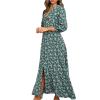 NineFit Basics Beach Dresses for Women,2024 Summer Trendy Floral Boho Dress,Elegant V Neck Long Sleeve Maxi Dress,Romantic Flowy Ruched Hawaiian Dress Cruise Resort Outfits(C-Green,XL), X-Large view 3