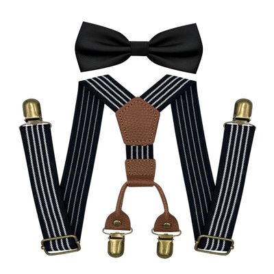 BEWDIO Baby Boy Black Suspenders and Bow Tie Set, Striped Bowtie and Elastic Suspenders with 4 Strong Metal Clips (4-19-1)