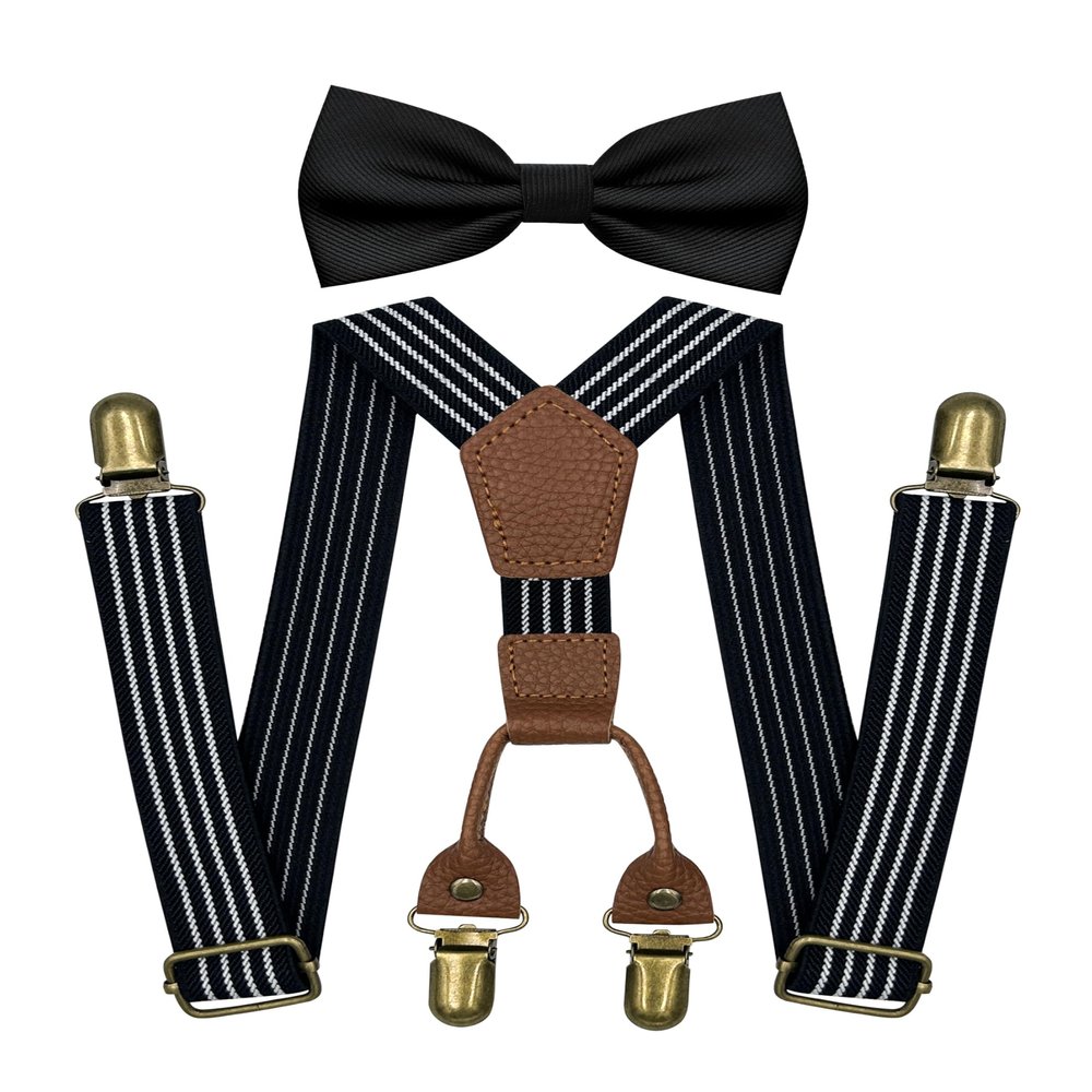 BEWDIO Baby Boy Black Suspenders and Bow Tie Set, Striped Bowtie and Elastic Suspenders with 4 Strong Metal Clips (4-19-1)