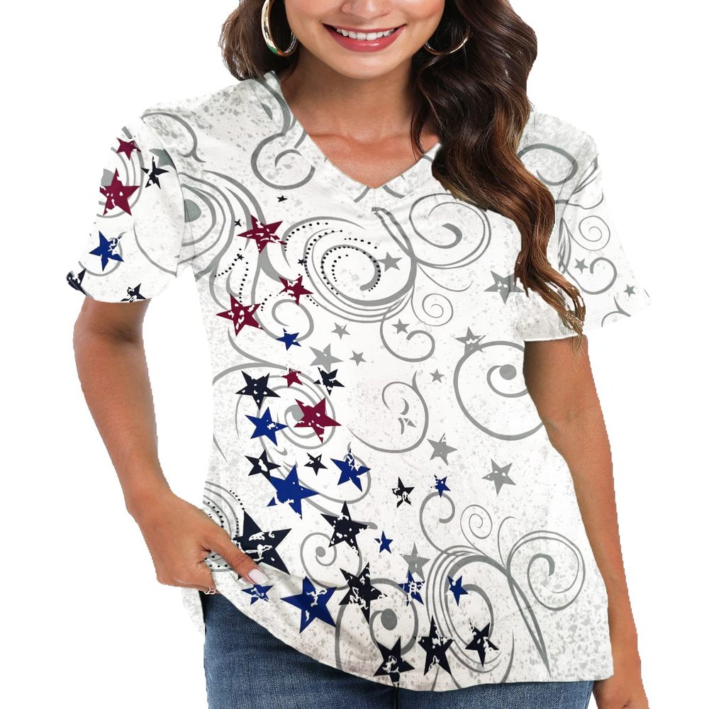 Women 4th of July Outfit Short Sleeve V Neck Patriotic Shirt USA Flag Independence Day Four of July Tee USA Clothing American Flag Tops Stars White S