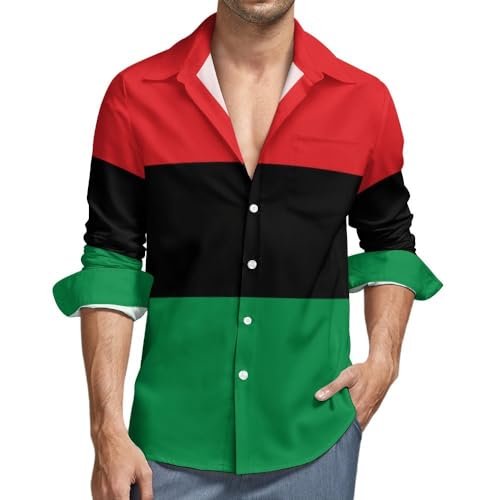 Ioedthbj Red Black Green African Flag Shirt Casual Button Down Shirts Long Sleeve Shirt Dress Shirt