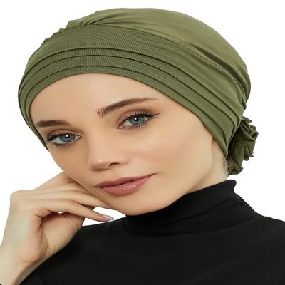 Aisha's Design Instant Turban Head Wraps for Women Combed Cotton Scarf Comfortable Lightweight Pre tied Hijab Flexible Turban Head Covering with Back Rose Plain Headwear, Army Green