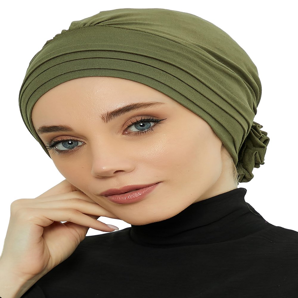 Aisha's Design Instant Turban Head Wraps for Women Combed Cotton Scarf Comfortable Lightweight Pre tied Hijab Flexible Turban Head Covering with Back Rose Plain Headwear, Army Green