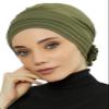 Aisha's Design Instant Turban Head Wraps for Women Combed Cotton Scarf Comfortable Lightweight Pre tied Hijab Flexible Turban Head Covering with Back Rose Plain Headwear, Army Green view 1