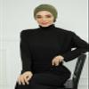 Aisha's Design Instant Turban Head Wraps for Women Combed Cotton Scarf Comfortable Lightweight Pre tied Hijab Flexible Turban Head Covering with Back Rose Plain Headwear, Army Green view 3