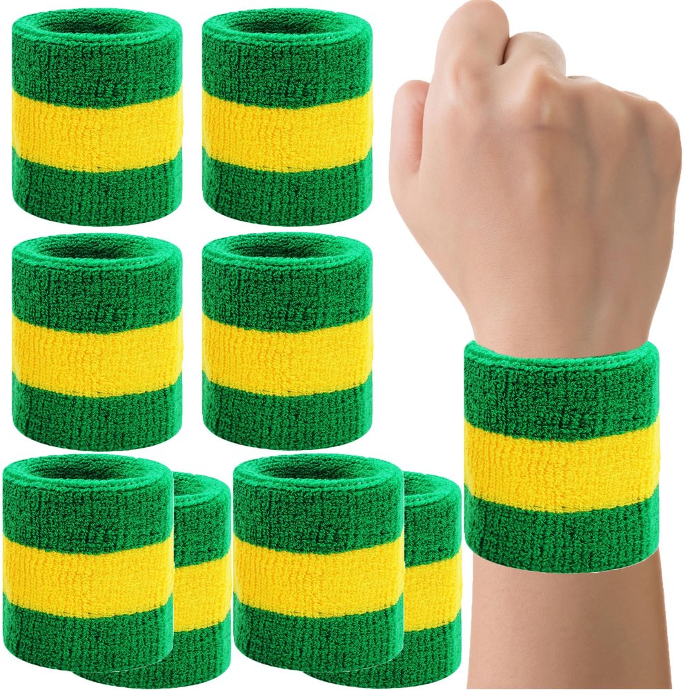 8 Pack Wrist Sweatbands Tennis Wrist Bands Absorbent Sweat Band for Men and Women, Breathable Cotton Sweatbands for Working Out, Football, Basketball, Running Athletic Sports -(Green/Yellow/Green)