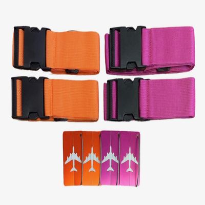 8 Pack Luggage Set, 4 Pack Straps and 4 Pack ID Tags, Adjustable Heavy-Duty 79" Secure Travel Suitcase Belts (Fuchsia/Orange)