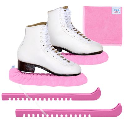 CRS Cross Ice Skate Guards, Soakers and Towel Gift Set. One Piece Adjustable Guard Design and Soft Skate Blade Cover Accessories for Ice Skating. No Assembly Required (Program Pink, Large)