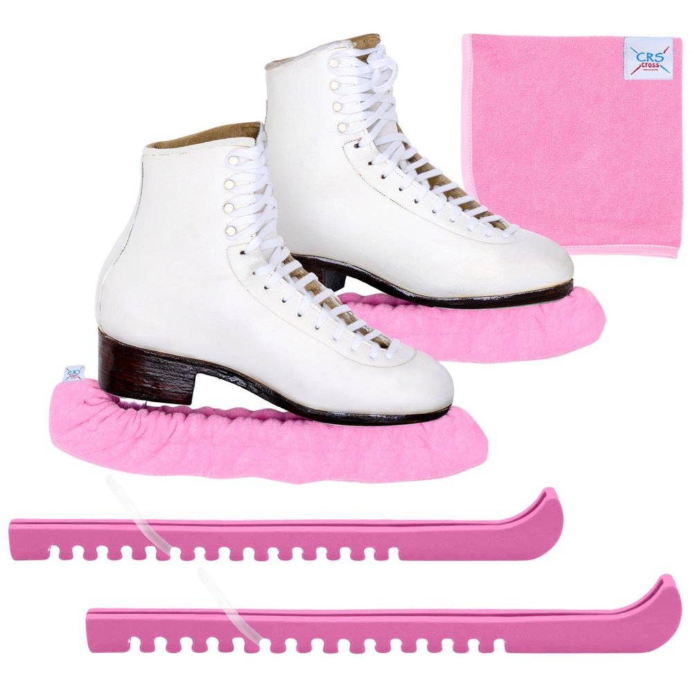 CRS Cross Ice Skate Guards, Soakers and Towel Gift Set. One Piece Adjustable Guard Design and Soft Skate Blade Cover Accessories for Ice Skating. No Assembly Required (Program Pink, Large)