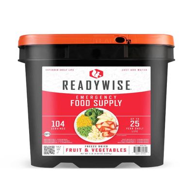 ReadyWise Emergency Food Supply - 104 Servings Freeze Dried Fruit and Vegetables Bucket, Protein Meals, Camping Essentials for Survival Food, Disaster Prepping Supplies, up to 25 Year Shelf Life