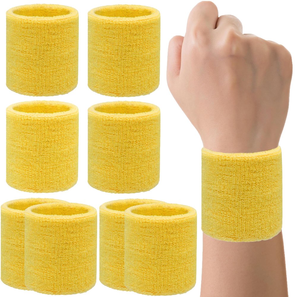 8 Pack Wrist Sweatbands Tennis Wrist Bands Absorbent Sweat Band for Men and Women, Breathable Cotton Sweatbands for Working Out, Football, Basketball, Running Athletic Sports -Yellow