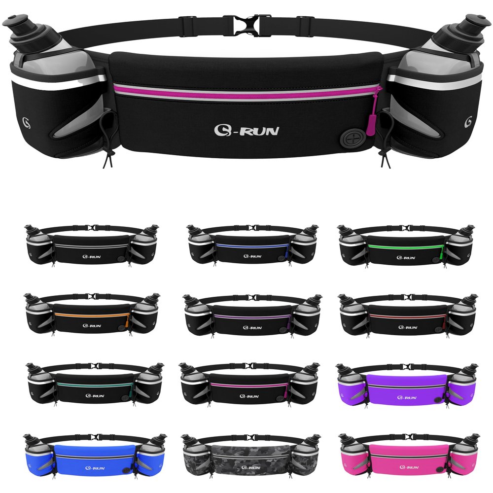 Hydration Running Belt with 2x10oz Bottles - Water Belts for Woman and Men - iPhone Belt for Any Phone Size - Fuel Marathon Waist Pouch for Runners - Jogging Cycling Biking
