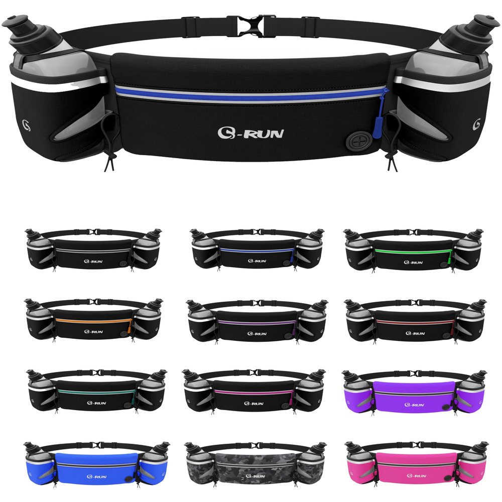 Q-RUN Hydration Running Belt with 2 x 10oz Water Bottles, No Bounce Adjustable Waist Belt for Men & Women, Marathon Running Gear