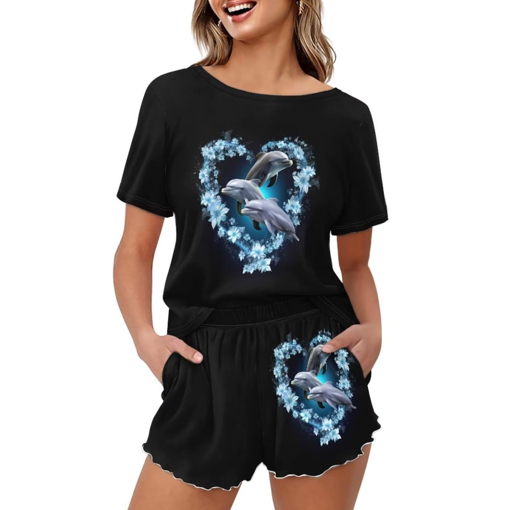 HELLHERO Adorable Dolphin Pajamas Set for Women Teen Youth Two-Piece T-Shirt and Shorts Nightwear Short Sleeve Sleepwear Soft Casual Loungewear Pjs Set XL