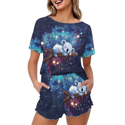 HELLHERO Galaxy Koala Pajamas Set for Women Short Sleeve T-Shirt with Short Summer Pjs Loungewear Sleepwear Home Clothes Holiday Yoga Sports Outfit Party S