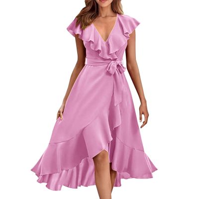 Women's 2024 Summer Casual Flutter Short Sleeve Crew Neck Smocked Elastic Waist Tiered Midi Dress Summer Wrap Maxi Dress Boho Floral V Neck Short Sleeve Ruffle Hem Split Beach Long Dresses Pink