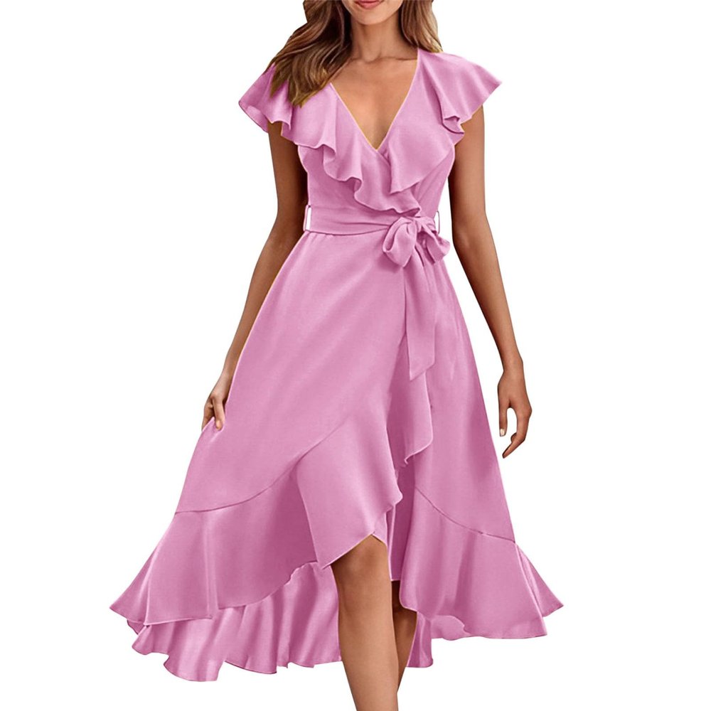 Women's 2024 Summer Casual Flutter Short Sleeve Crew Neck Smocked Elastic Waist Tiered Midi Dress Summer Wrap Maxi Dress Boho Floral V Neck Short Sleeve Ruffle Hem Split Beach Long Dresses Pink