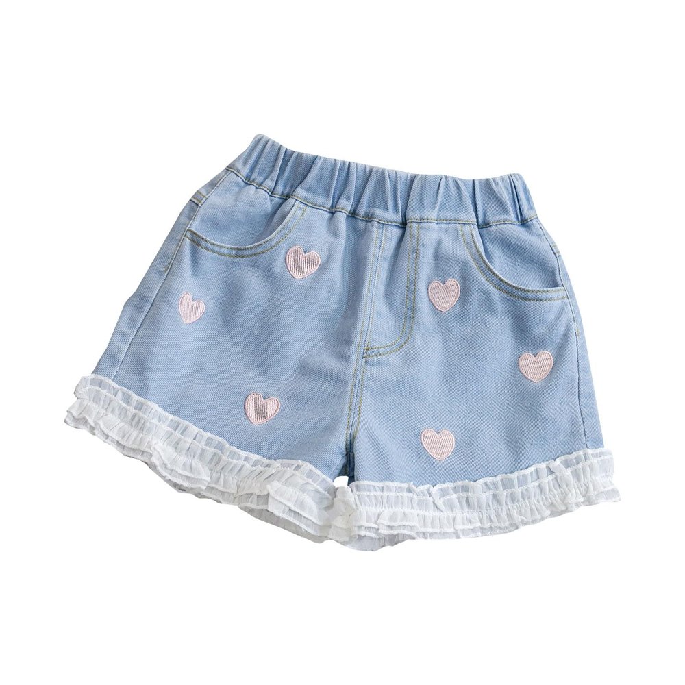 NineFit Basics Little Girls Embroidered Elastic Waist Denim Shorts Ruffle Hem Toddler Baby Girl Summer Flower Jean (Blue-2, 3-4 Years)