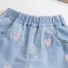 NineFit Basics Little Girls Embroidered Elastic Waist Denim Shorts Ruffle Hem Toddler Baby Girl Summer Flower Jean (Blue-2, 3-4 Years) view 4