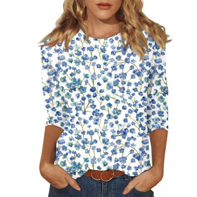 3/4 Length Sleeve Womens Tops Dressy Casual Blouses - Spring Fashion 2026 Plus Size Crew Neck Fitted Tshirts - Business Going Out Trendy Tunics Tops Beach Vacation Outfits 02-Blue 3X