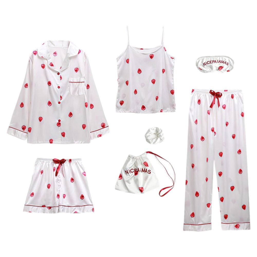 ANUFER Womens 7PCS Satin Pyjama Set Spring Summer Autumn Tops & Pants Shorts Sleepwear White Strawberry SN07655 M