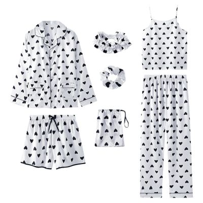 ANUFER Womens 7PCS Satin Pajama Set Spring Summer Autumn Tops & Pants Shorts Sleepwear White Heart SN07655 M