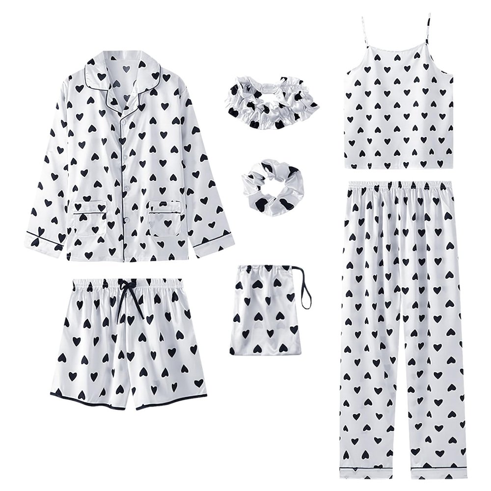 ANUFER Womens 7PCS Satin Pajama Set Spring Summer Autumn Tops & Pants Shorts Sleepwear White Heart SN07655 M